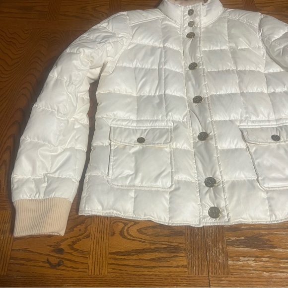 Tory Burch Quilted Puffer Jacket Large Snap Button in Cream Sz L Slim Fit Chic - Picture 3 of 14